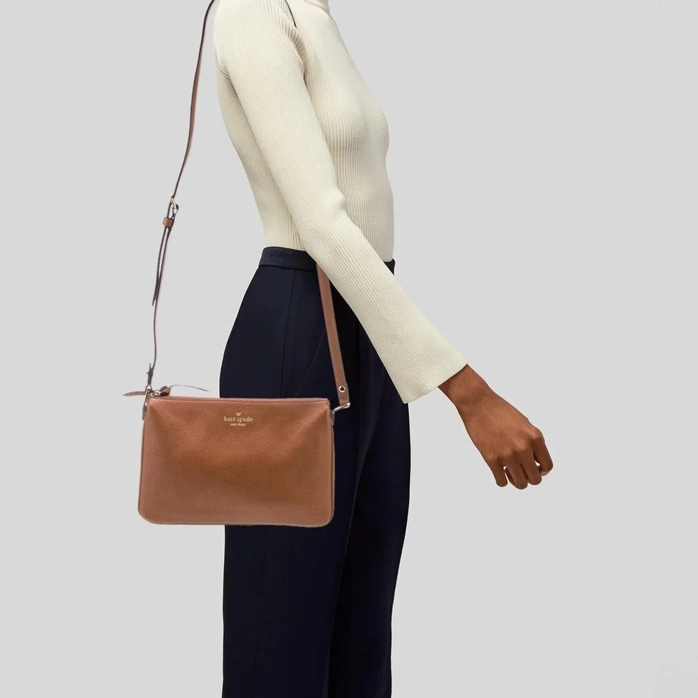 KATE SPADE Brown Pebble Leather Leila Triple Gusset in Warm Gingerbread